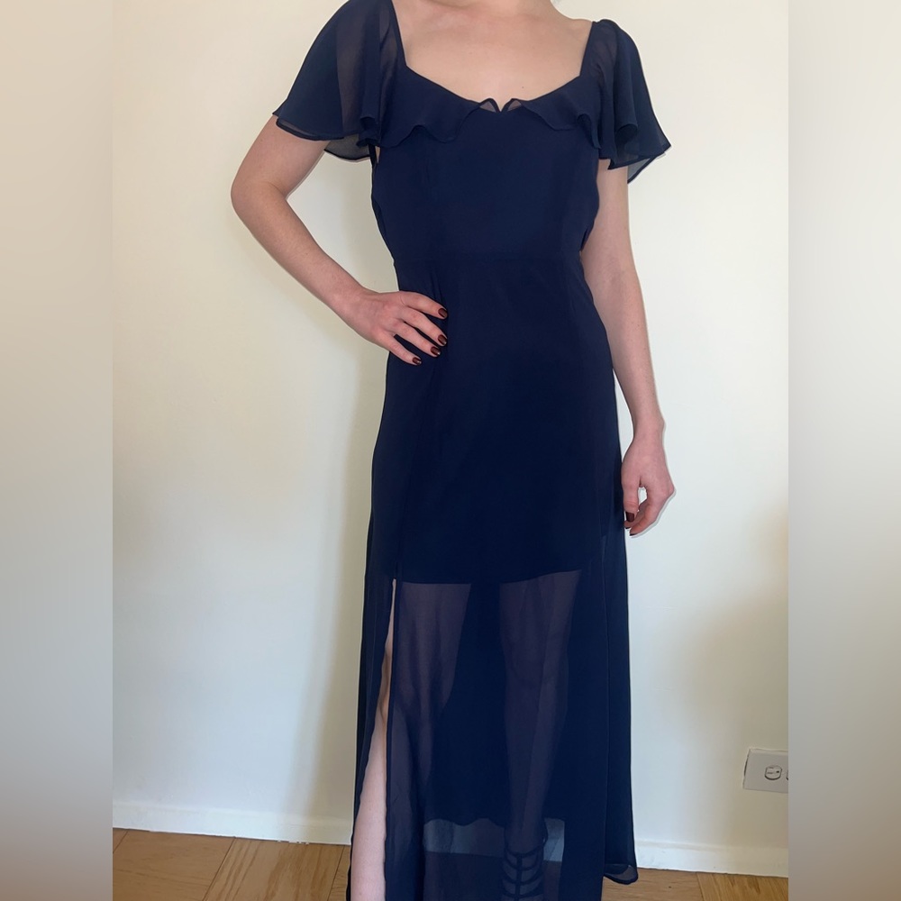 NWT Fate by LFD Navy Gown w/Open Back & Sheer Shoulder Coverage & Overlay w/Slip